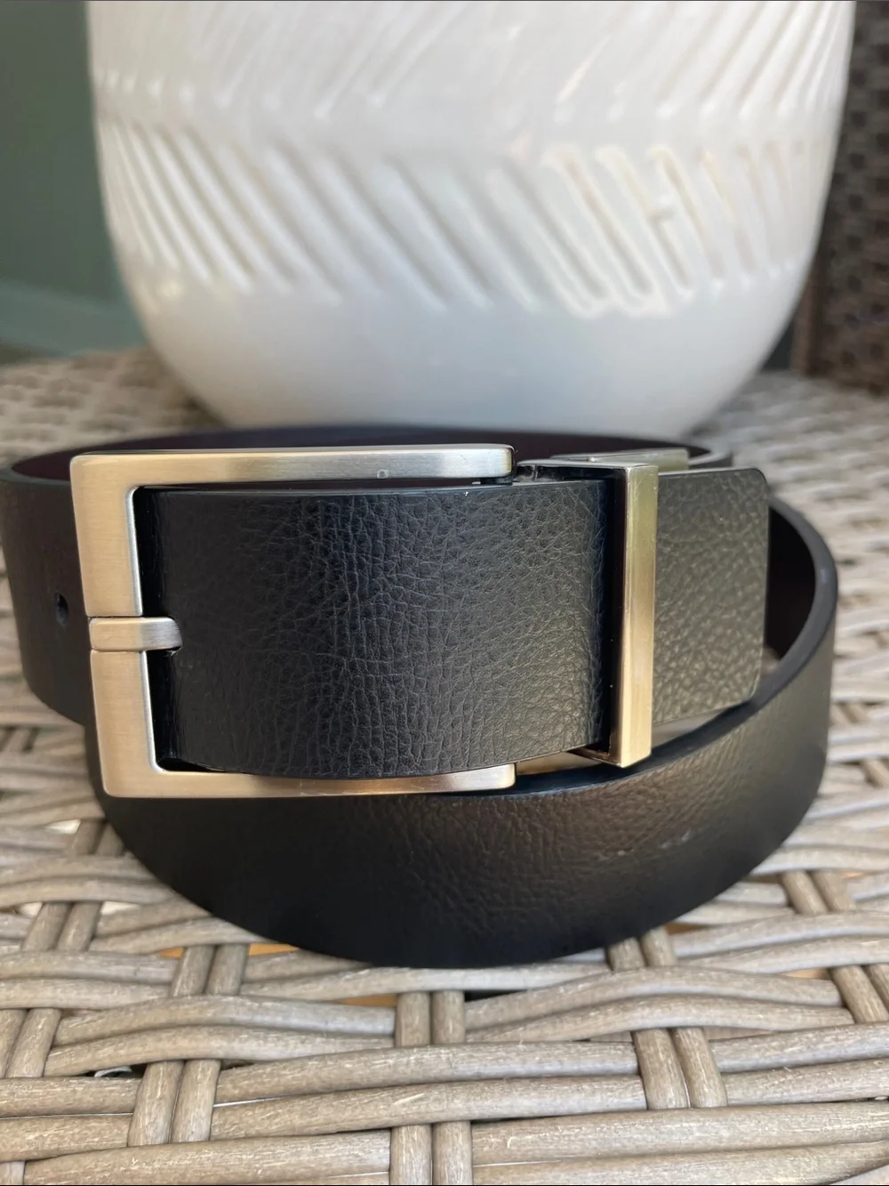 Calvin Klein Black Leather Belt with Brushed Silver Buckle